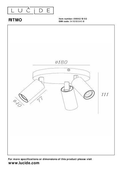 Lucide RITMO - Plafondspot - Ø 18 cm - 3xGU10 (MR11) - Mat Goud / Messing - technisch